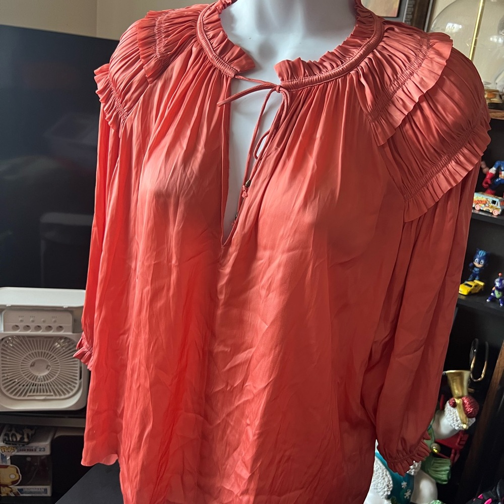 ULLA JOHNSON
Leah Pleated Blouse with Split Neck and 1/4 Puff Sleeves size 4